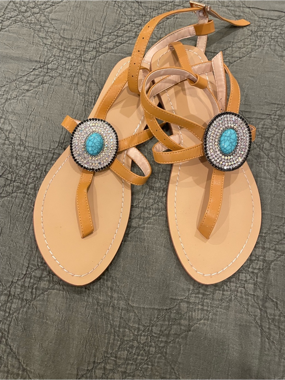 Tan Strap Sandals with Turquoise Beaded Accent